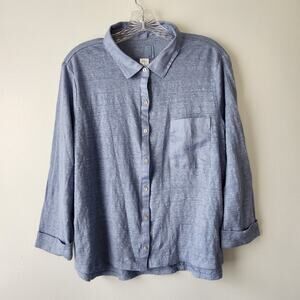 Sigrid Olsen Linen Top Womens XL Blue Button Up Coastal Beach Nautical Boho Chic